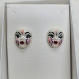 Vintage Fancy Faces Hand Painted Porcelian Mardi Gras Mask Stud Earrings